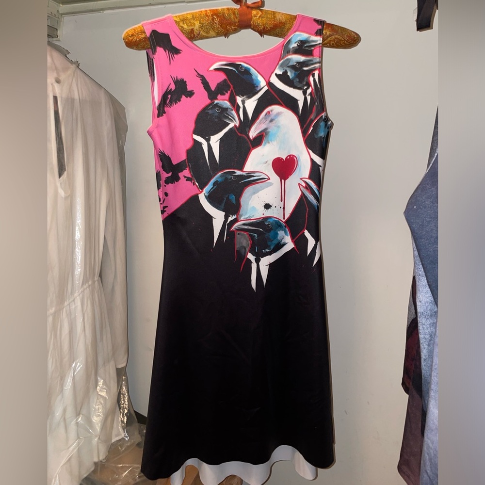 black milk x lora zombie collaboration pink and black birds dress size S